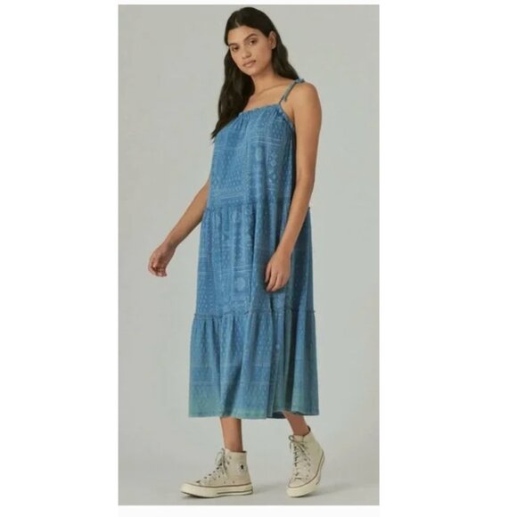 Lucky Brand Ruffled Tiered Bandanna Print Maxi Dress, XL, Washed Blue - Picture 1 of 3